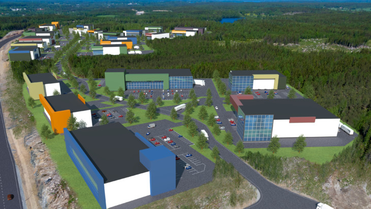 Hanhijärven yritysalueen ilmakuvan päälle hahmoteltu miltä alue näyttäisi valmiina
