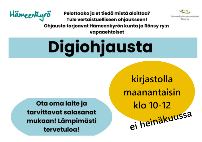 Digiohjausta Hämeenkyrön kirjastossa maanantaisin klo 10-12. Kesätauko heinäkuussa.