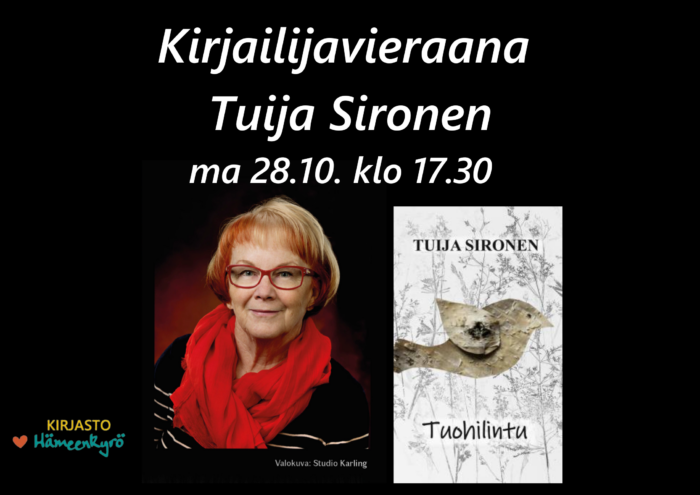 Kirjailijavieraana Tuija Sironen ma 28.10. klo 17.30. 