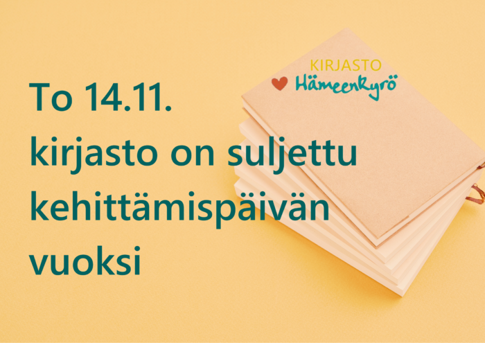 Torstaina 14.11. kirjasto on suljettu henkilökunnan kehittämispäivän vuoksi.