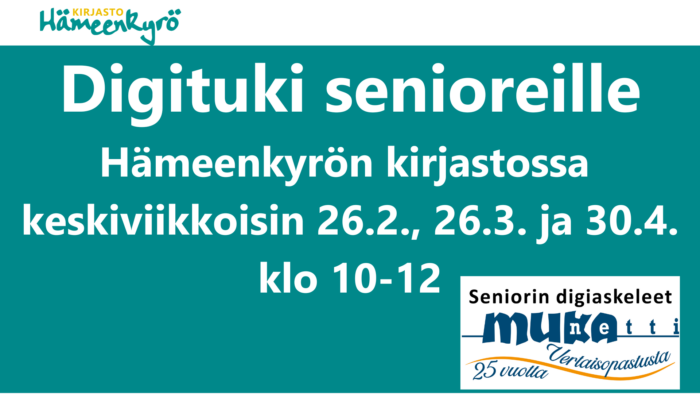 Digituki senioreille kerran kuukaudessa keskiviikkoisin 26.2., 26.3. ja 30.4. klo 10-12. Mukanetin vertaisopastus.