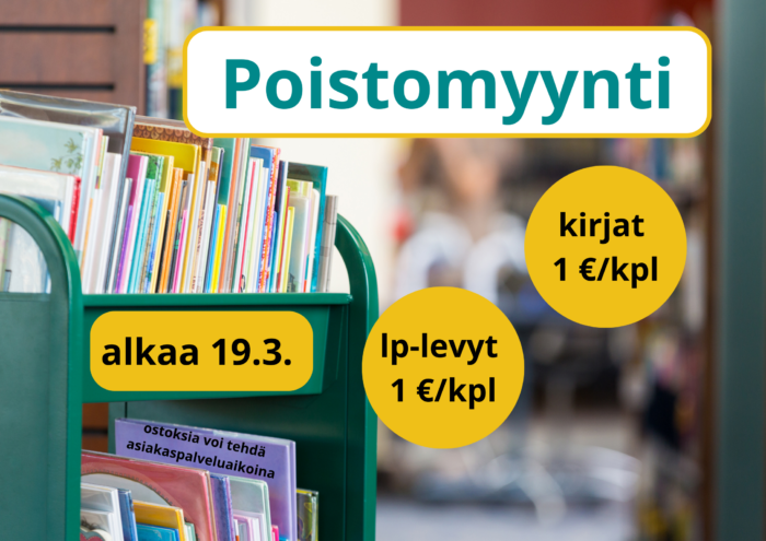 Kirjaston poistomyynti alkaa 19.3. Ostoksia voi tehdä asiakaspalveluaikoina. Myynnissä on paljon aikuisten ja lasten kirjallisuutta laidasta laitaan. Lisäksi myynnissä on pieni erä LP-levyjä. Hinnat ovat 1€/kpl. Myynti kestää niin kauan kuin myytävää riittää.