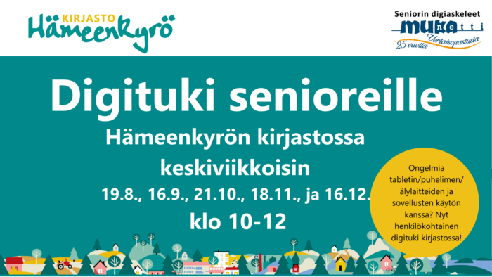 Digituki senioreille syksyllä 2026 Hämeenkyrön kirjastossa keskiviikkoisin 19.8., 16.9., 21.10., 18.11., ja 16.12. klo 10-12