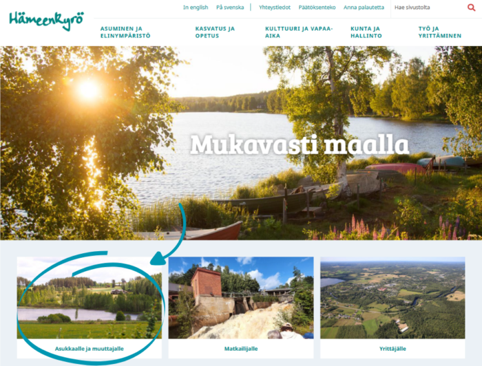 Kuvassa näkyy Hämeenkyrön kunnan verkkosivujen pääsivu, jossa on ympyröity kohta asukkaalle ja muuttajalle